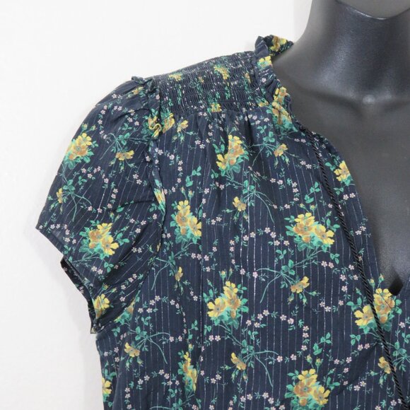 Paige Size Large Laramie Floral Blouse Top Smocked Split Neck Short Sleeve - Picture 5 of 7